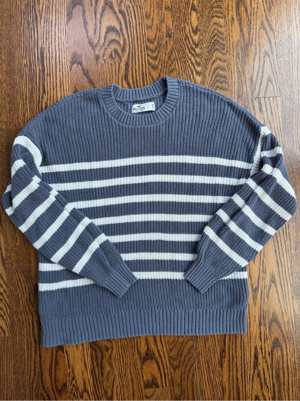 Hollister Slate Gray and White Cotton Preppy Cozy Striped Crewneck Sweater